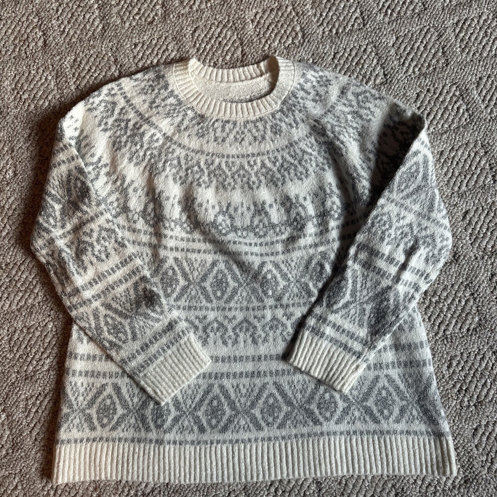 J Jill Sweater Women Size Medium White Gray Fair Isle Long Sleeve Casual Capsule